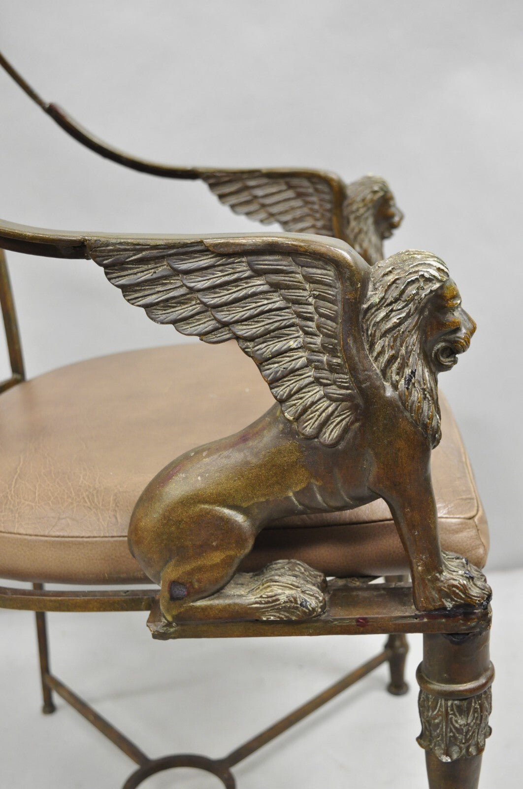 Vintage Egyptian Revival Lion Sphinx Wrought Iron Regency Style Arm Chair