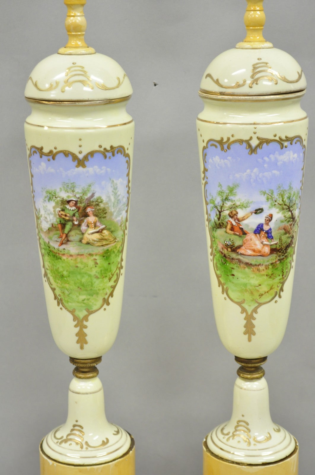 Antique French Renaissance Slender Porcelain Urn Hand Painted Table Lamps - Pair