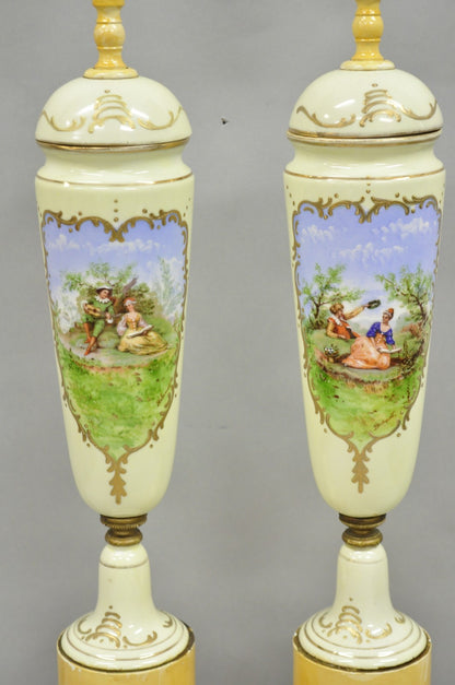 Antique French Renaissance Slender Porcelain Urn Hand Painted Table Lamps - Pair