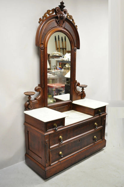 Antique Eastlake Victorian Walnut 3 Marble Tier Dresser Chest With Tall Mirror