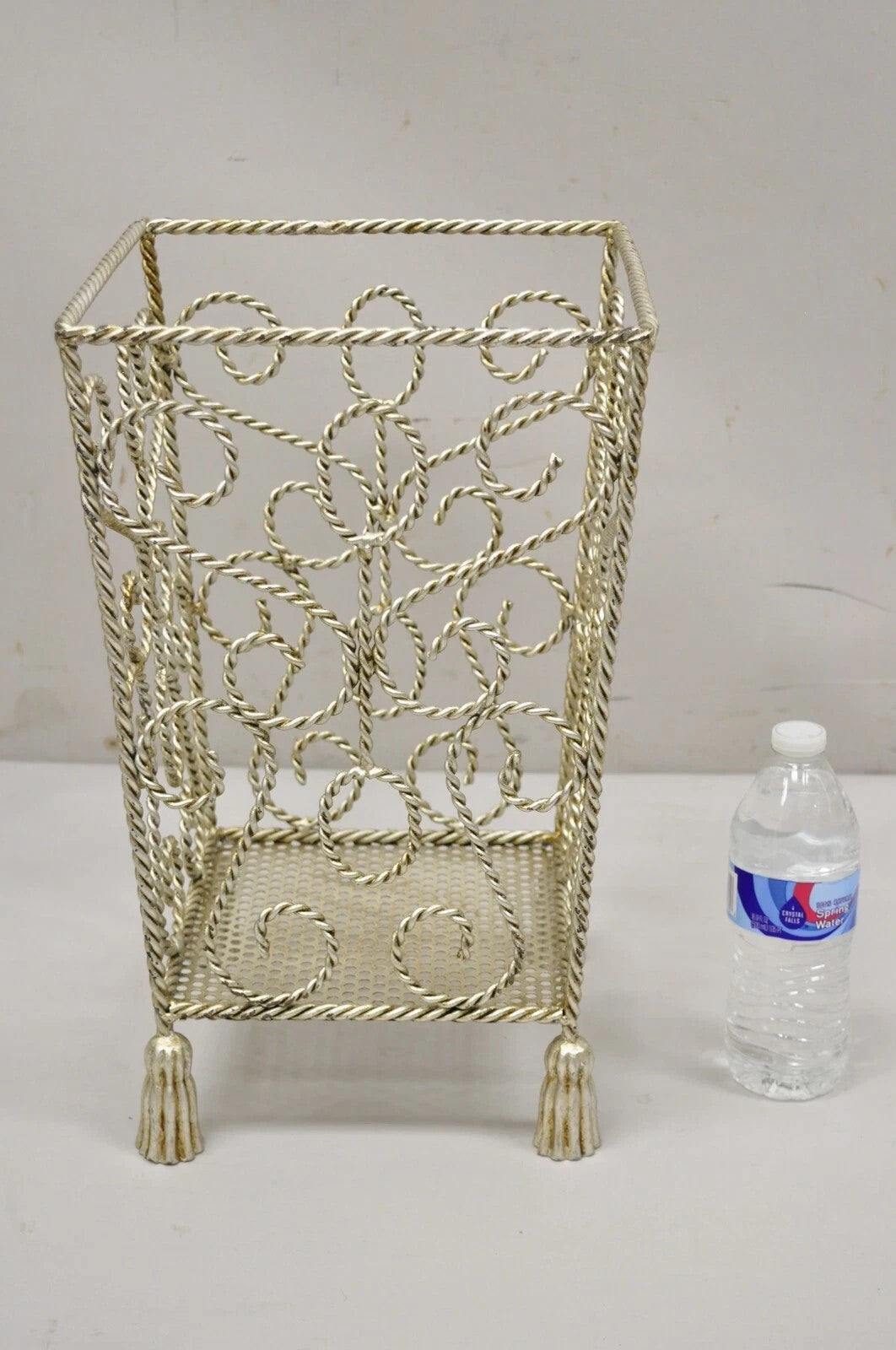 Vintage Italian Hollywood Regency Silver Iron Tassel Wastebasket Trashcan