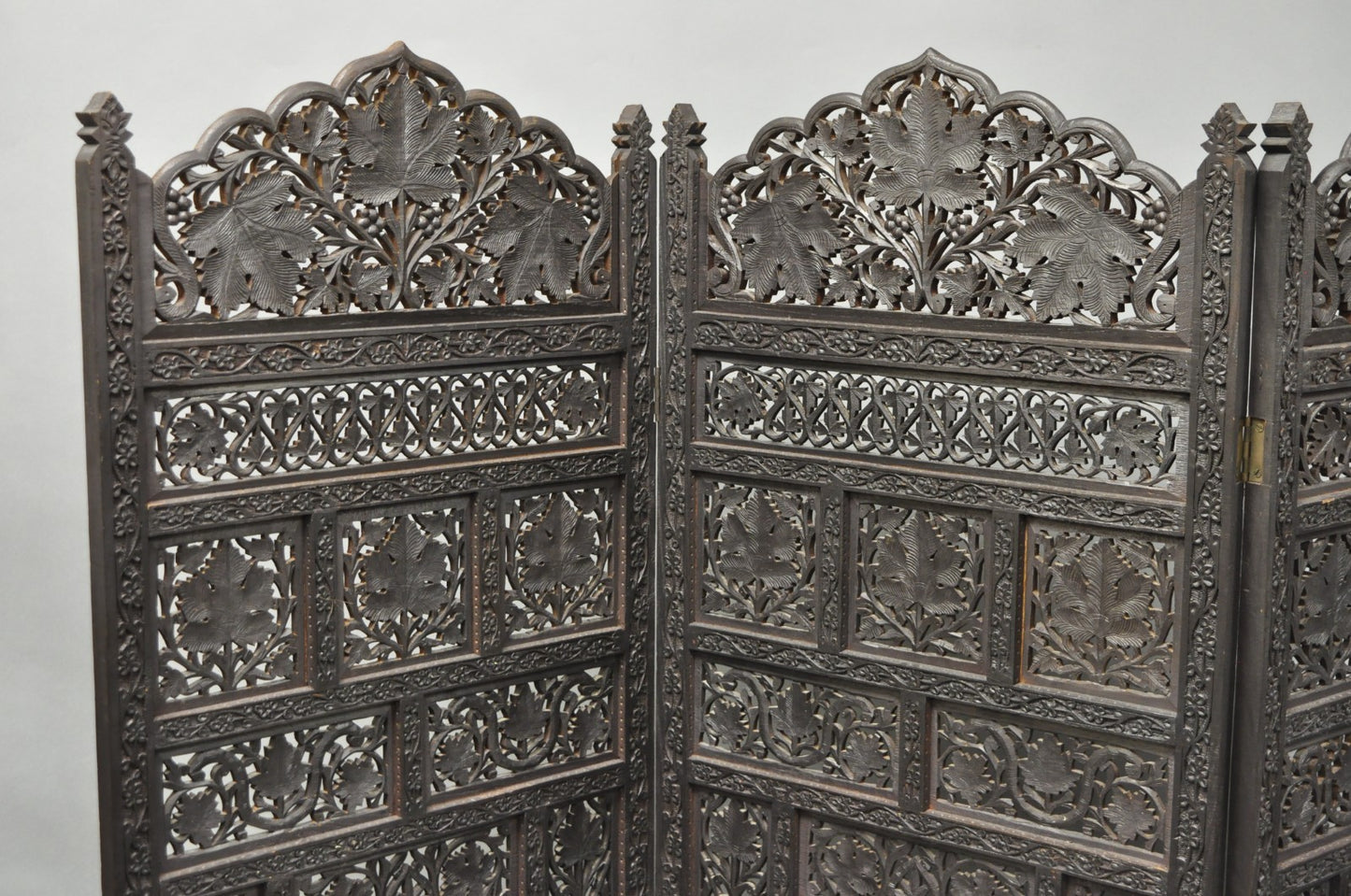Vintage Anglo Indian Carved Teak Wood 4 Panel Room Divider Folding Screen