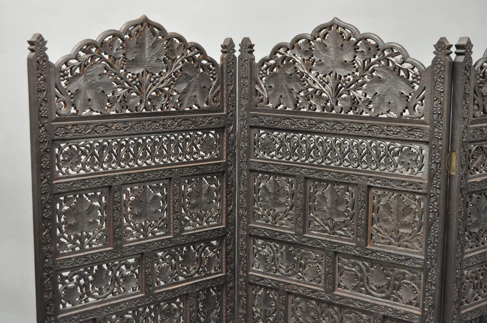 Vintage Anglo Indian Carved Teak Wood 4 Panel Room Divider Folding Screen