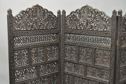 Vintage Anglo Indian Carved Teak Wood 4 Panel Room Divider Folding Screen