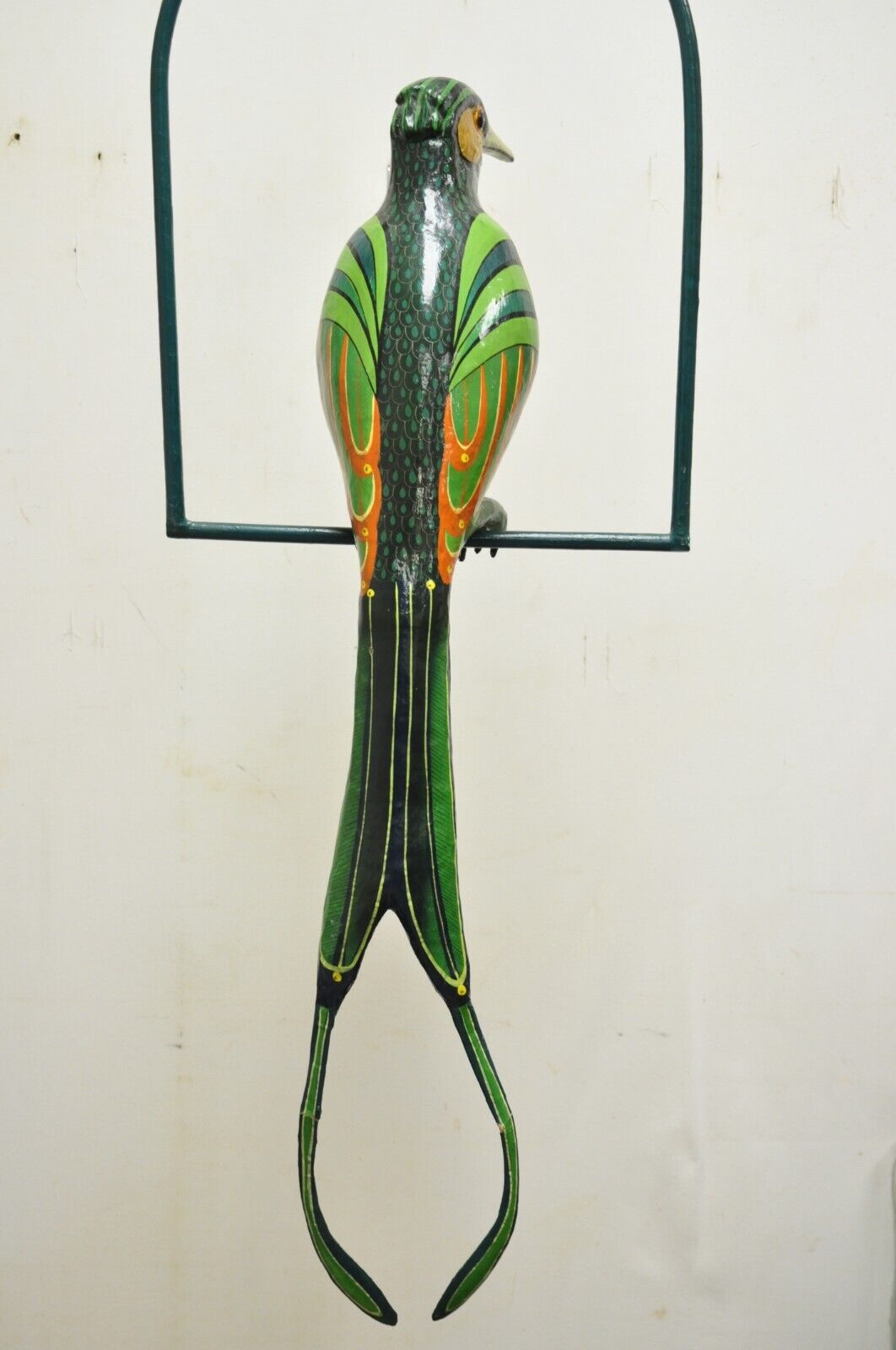 Signed Sergio Bustamante Paper Mache Green Parrot Bird Hanging Sculpture