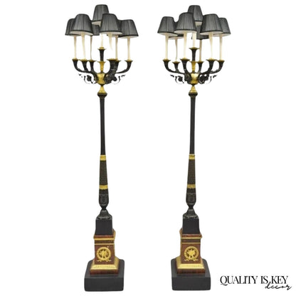 French Empire 68" Tall Bronze & Marble Lighted Candelabra Torchiere Floor Lamps