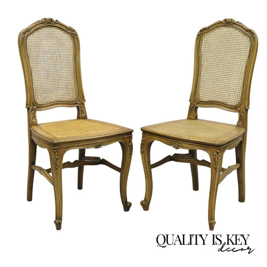 Antique French Provincial Louis XV Style Carved Walnut Cane Dining Chair - Pair