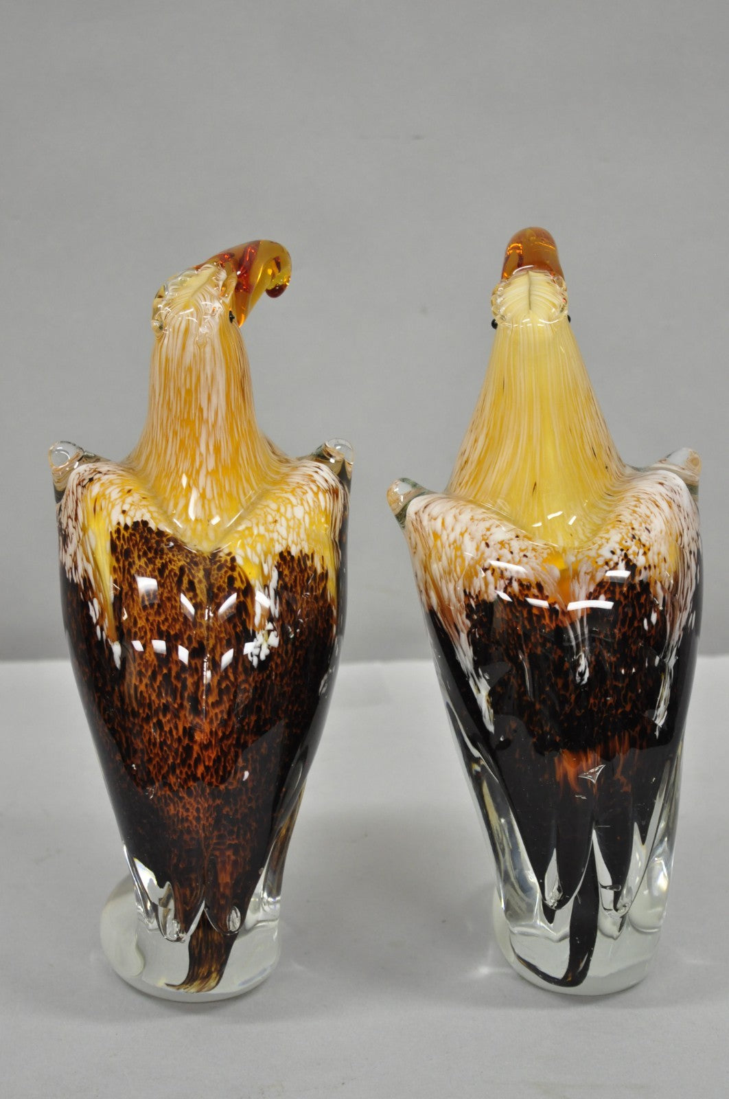 Vintage Murano Style Handblown Art Glass Brown Bald Eagle Bird Figurine - a Pair