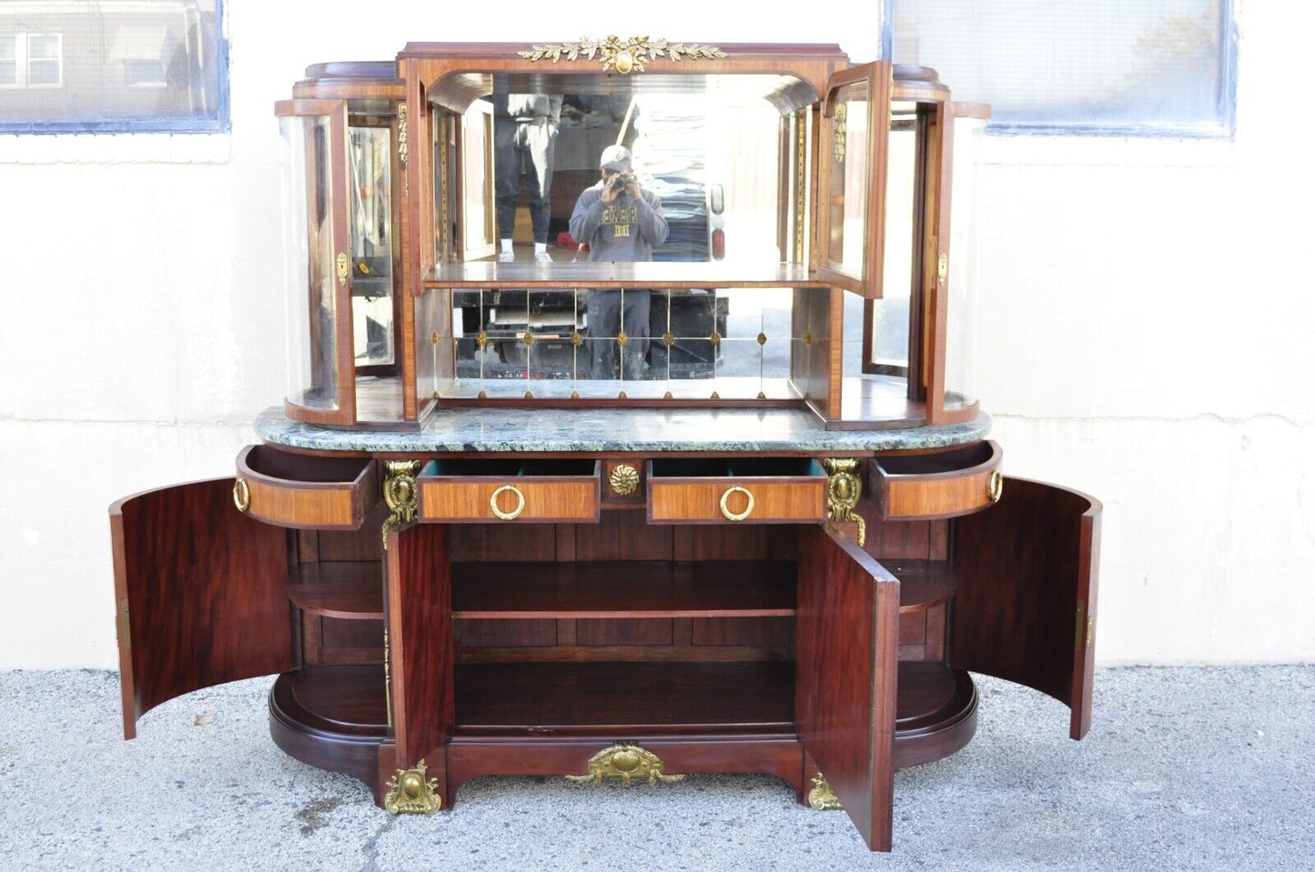 Antique French Louis XV Style Marble Top Bowed Glass Bronze Ormolu Sideboard