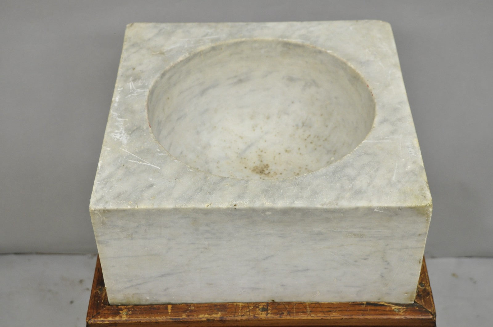 Antique French Country Primitive Carved Marble Mortar and Pestle on Wood Base