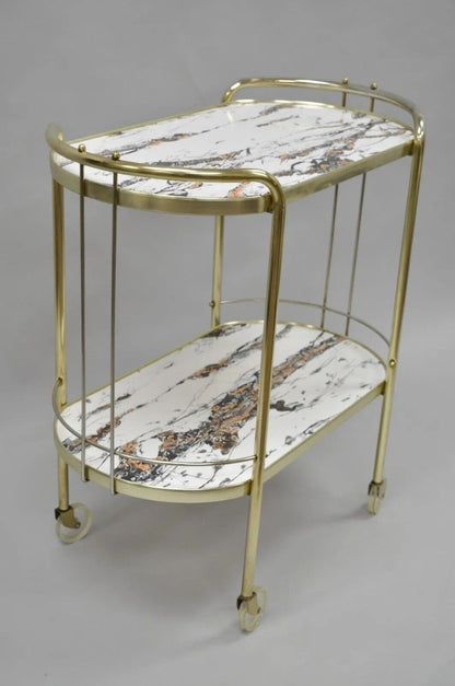Vintage Mid Century Modern Brass Rolling Bar Tea Cart Laminate Faux Marble