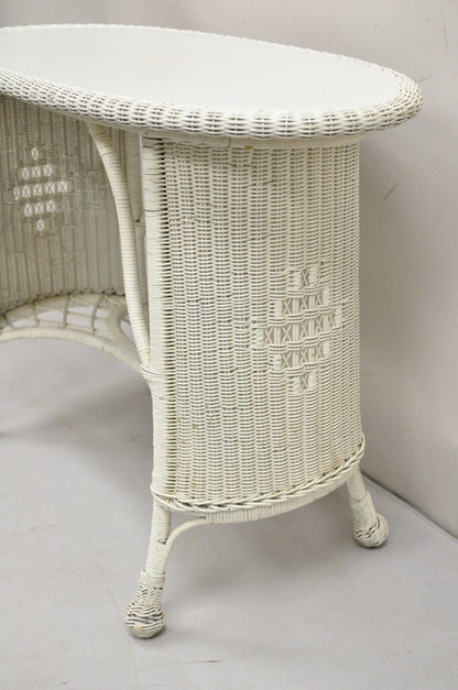 Antique Victorian White Wicker Rattan Console Hall Side Table