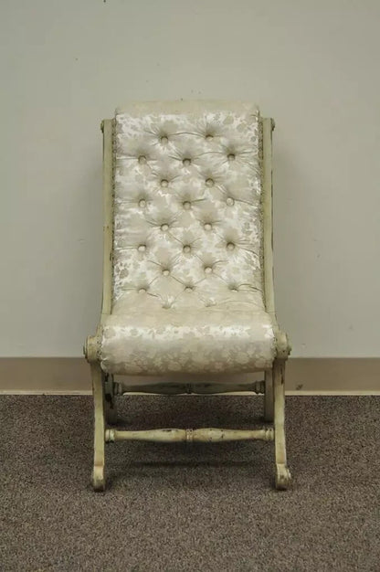 Vintage Carved Wood Japanese Obi Slipper Side Chair w/ Distress Painted Finish