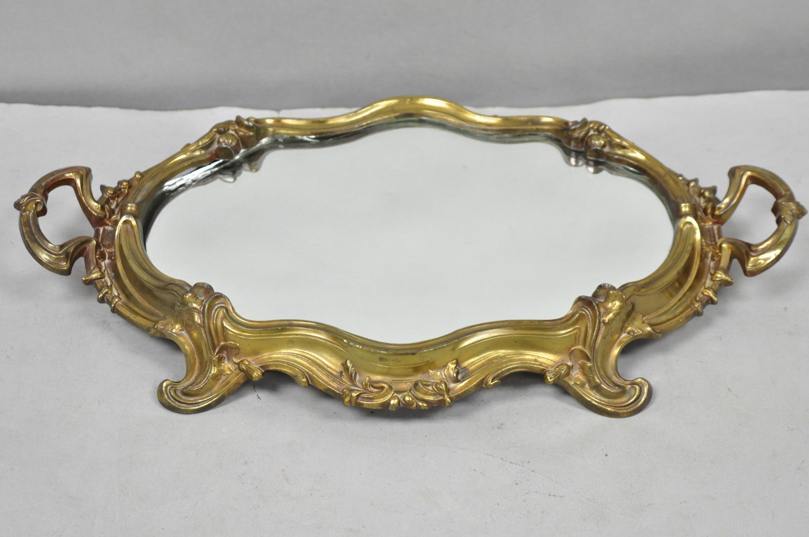 Vintage French Art Nouveau Style Bronze Vanity Mirror Powder Room Perfume Tray