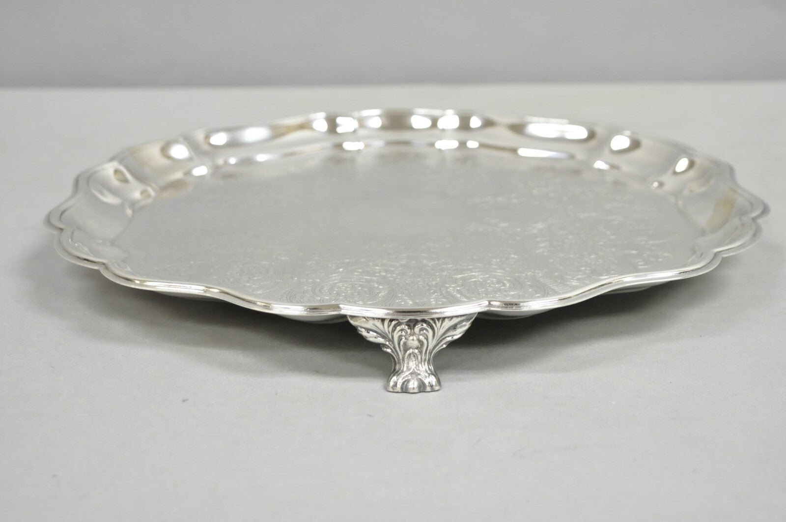 Vintage Sheridan Victorian Silver Plated Footed Round Serving Platter Bar Tray