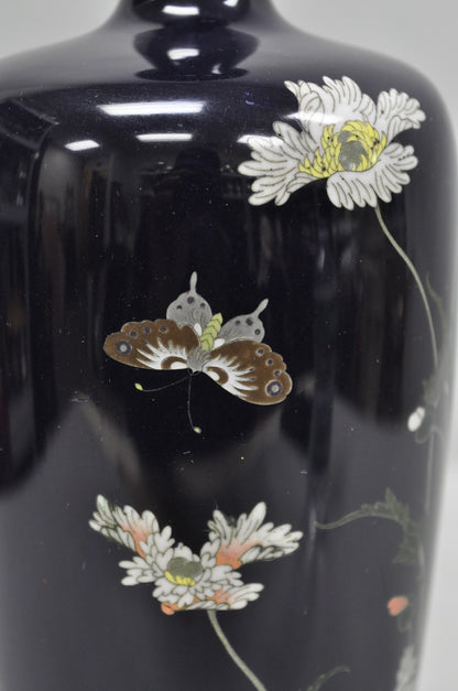 Meiji Period Japanese Cloisonne Enamel Dark Blue Daisy & Butterfly Tall Urn Vase