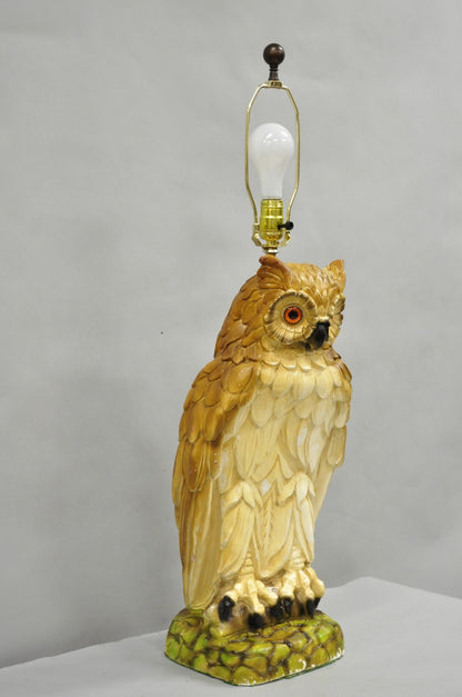 Vintage Mid Century Modern Large Chalkware Painted Owl Sculpture Table Lamp