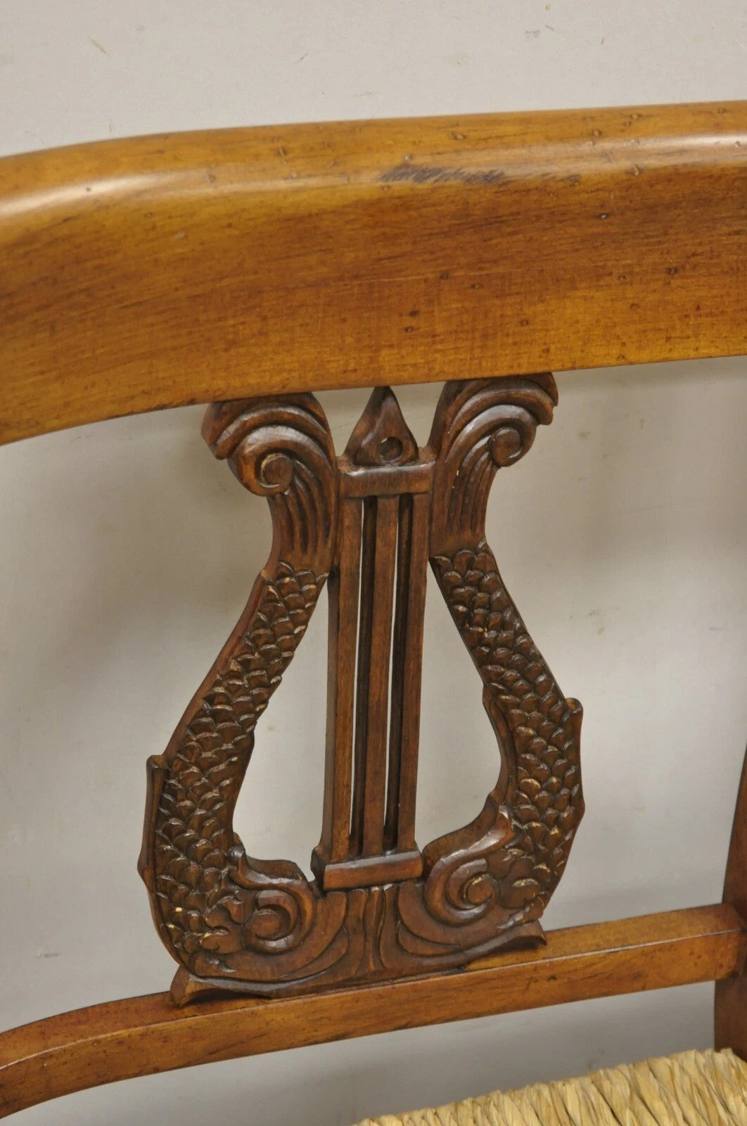 Vintage Italian Neoclassical Cherry Wood Dolphin Lyre Carved Rush Seat Bench