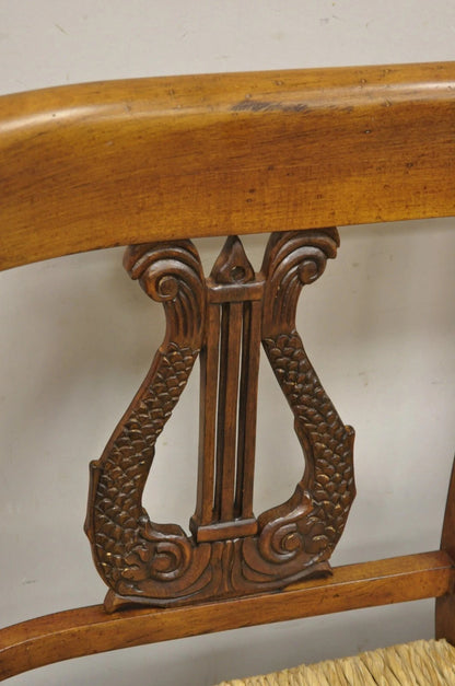 Vintage Italian Neoclassical Cherry Wood Dolphin Lyre Carved Rush Seat Bench