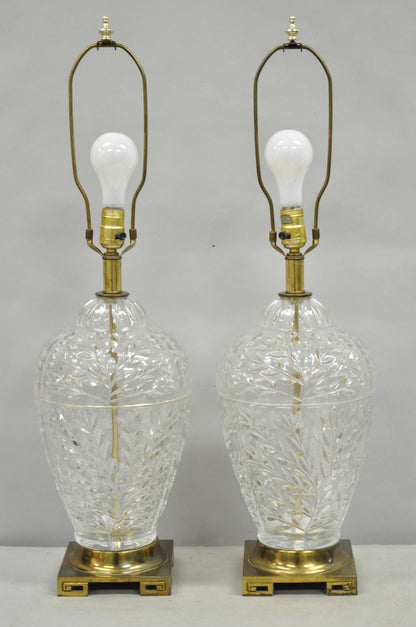 Vintage Chinoiserie Heavy Leaded Glass Wheat Sheaf Ginger Jar Table Lamps, Pair