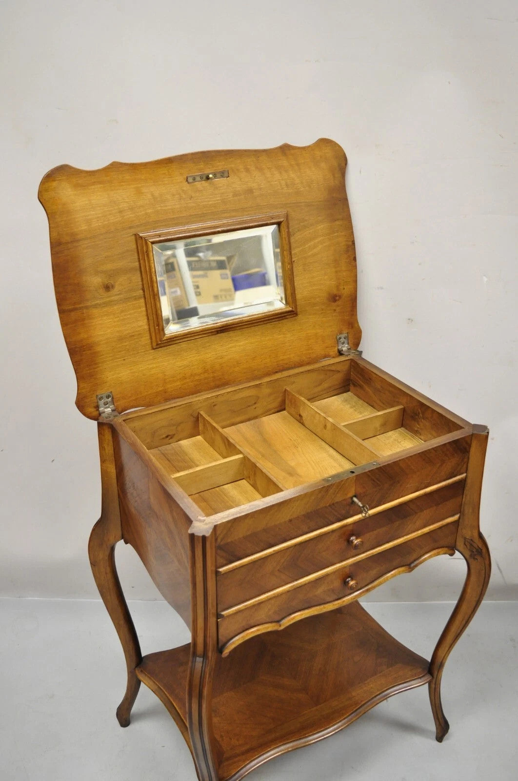 Antique French Victorian Mahogany Sewing Stand Nightstand Side Table w/ Flip Top