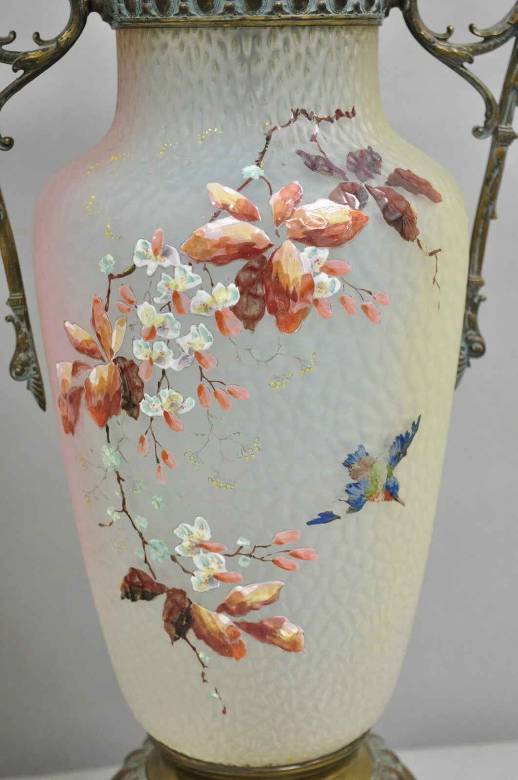 Antique English Victorian Rainbow Glass Hand Painted Birds Table Lamp - a Pair