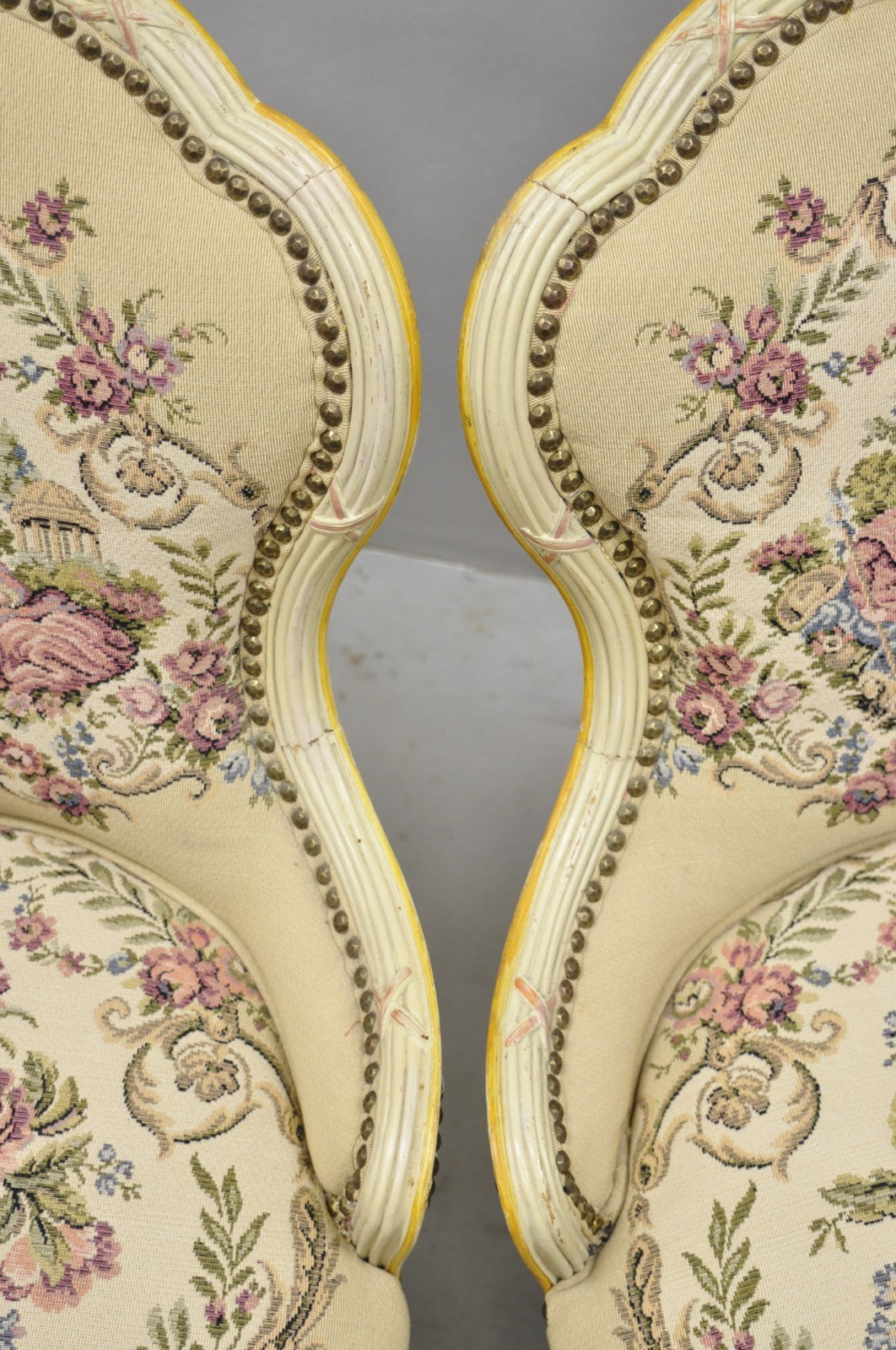Vintage French Louis XV Style Cream & Pink Painted Boudoir Slipper Chair - Pair