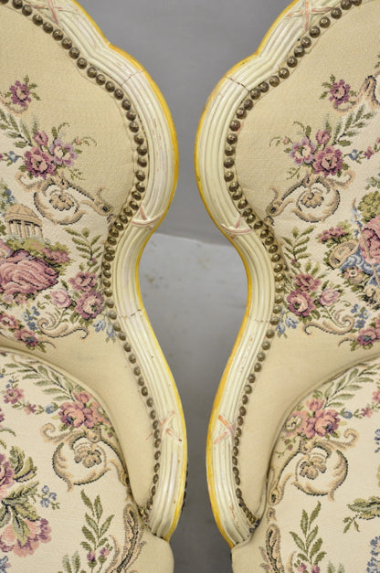 Vintage French Louis XV Style Cream & Pink Painted Boudoir Slipper Chair - Pair