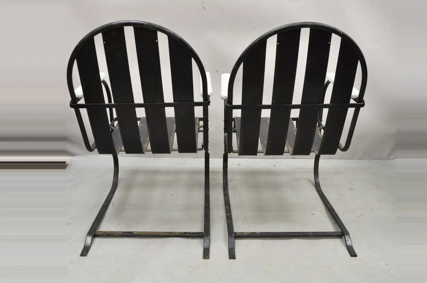 Vintage Art Deco Black and White Steel Metal Strap Patio Bouncer Chairs - a Pair
