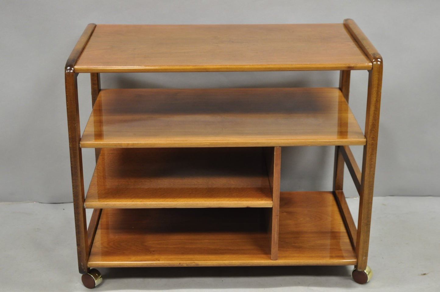 Vintage Mid Century Modern Lacquered Cherry Wood Rolling Cart TV Stand Shelf
