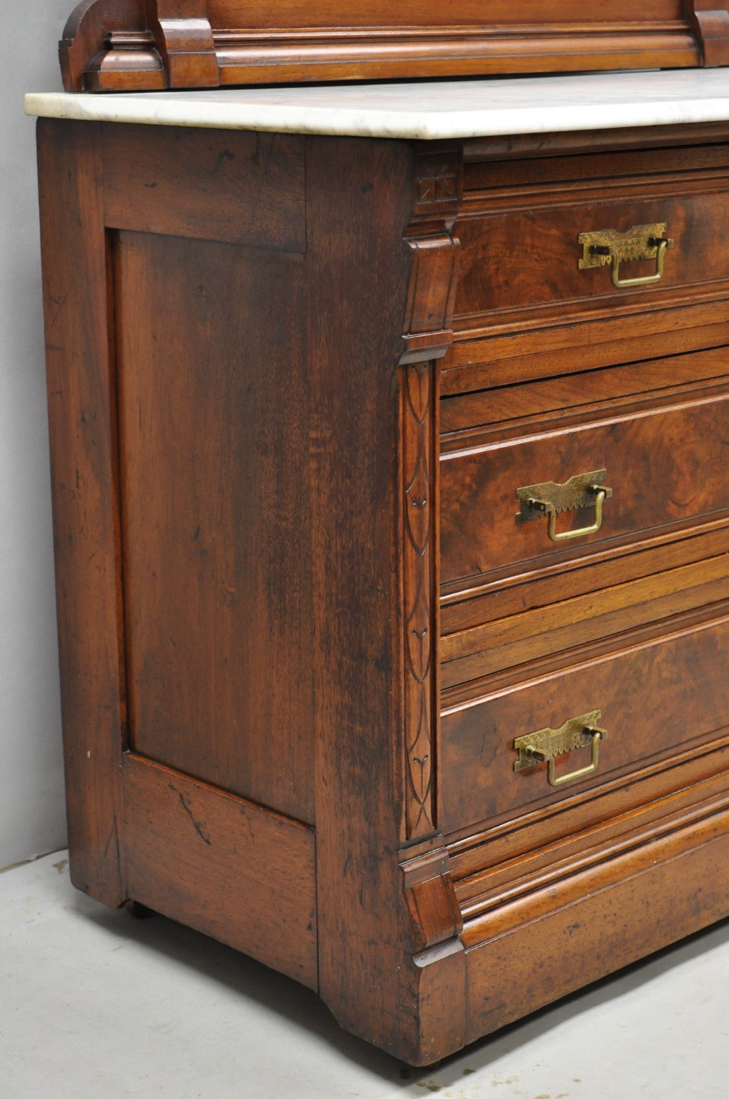 Antique Eastlake Victorian Carved Walnut Marble Top Washstand Dresser w/ Mirror