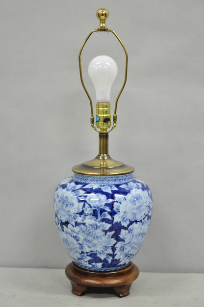Vintage Chinoiserie Blue White Porcelain Flowers Oriental Ginger Jar Table Lamp
