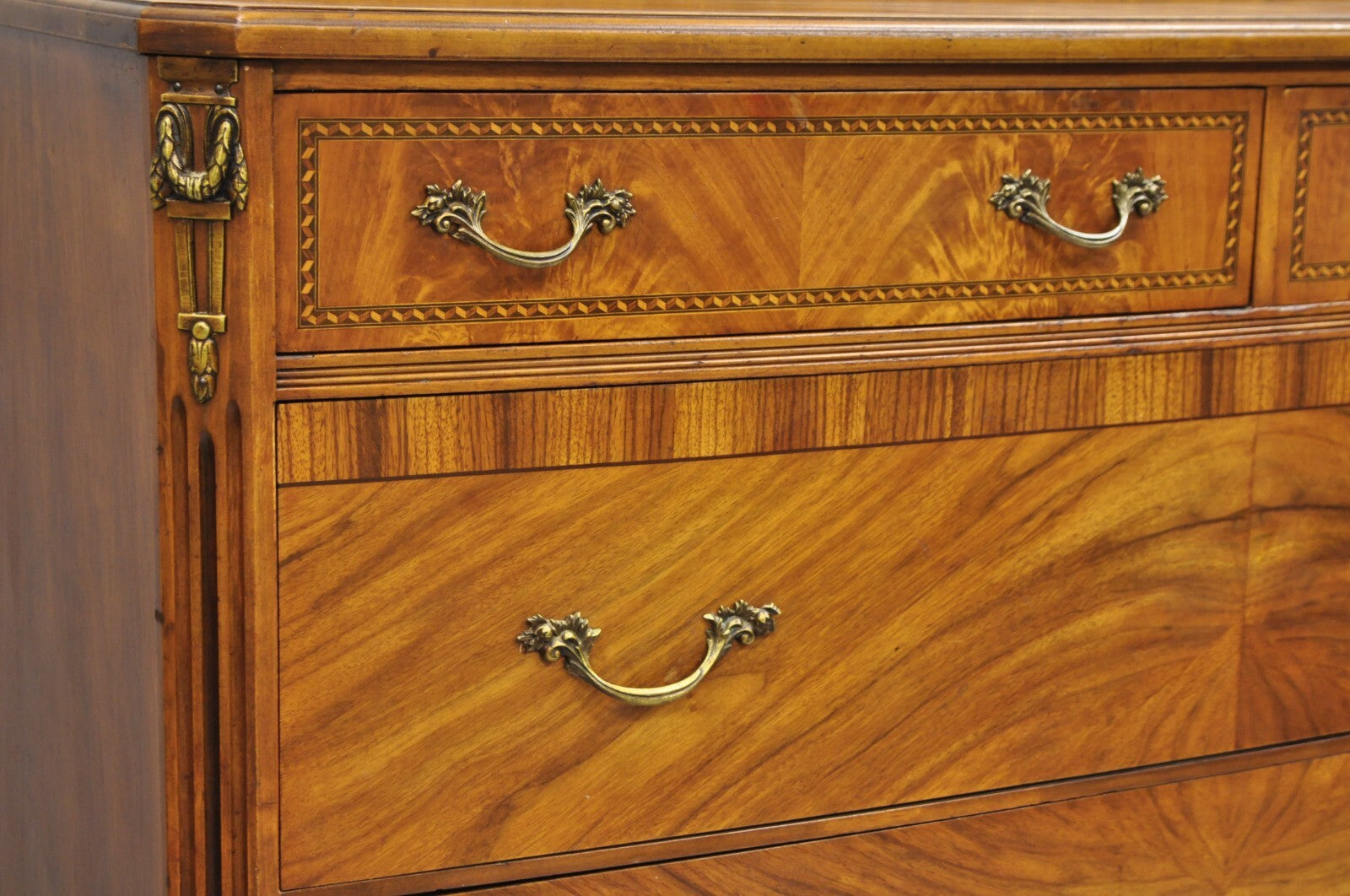 Antique French Louis XV Style Mahogany Satinwood Inlay 4 Drawer Dresser by Sligh