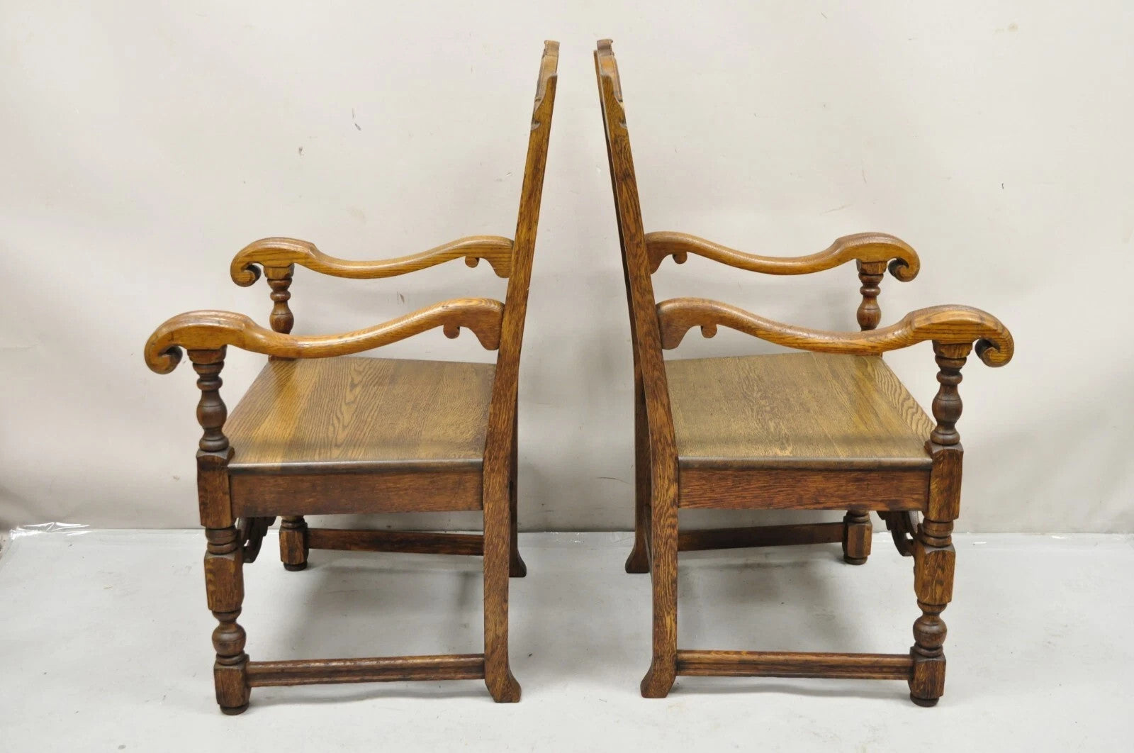 Antique Vanleigh Carved Oak Italian Renaissance Style Throne Arm Chairs - a Pair