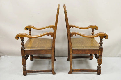 Antique Vanleigh Carved Oak Italian Renaissance Style Throne Arm Chairs - a Pair