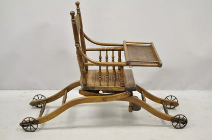 Antique Victorian Oak Convertible Pressed Back High Chair Baby Stroller