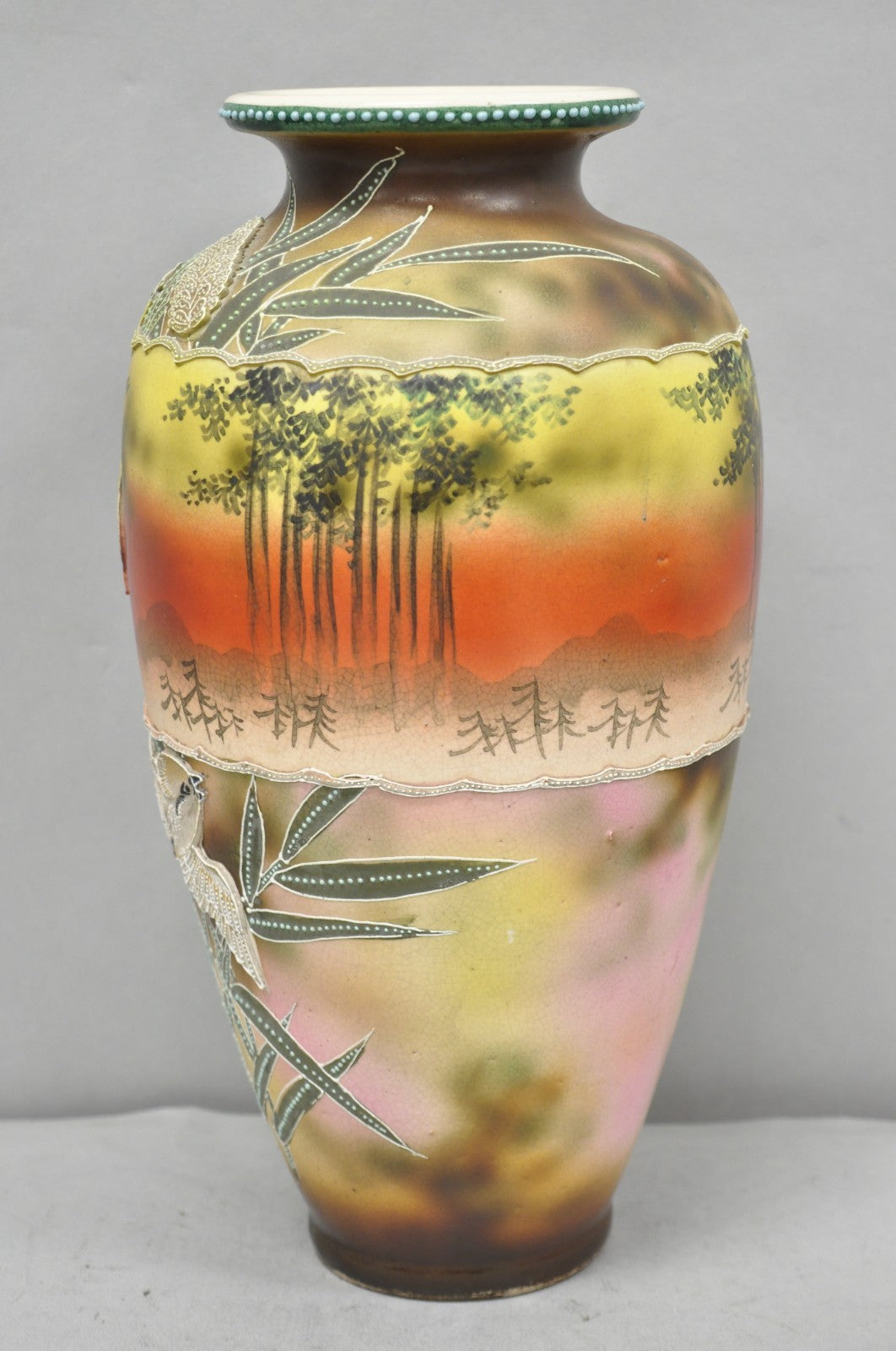 Antique Japanese Heavy Moriage Hand Painted Porcelain Oriental Bird Satsuma Vase