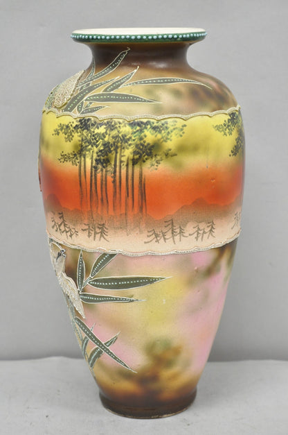 Antique Japanese Heavy Moriage Hand Painted Porcelain Oriental Bird Satsuma Vase