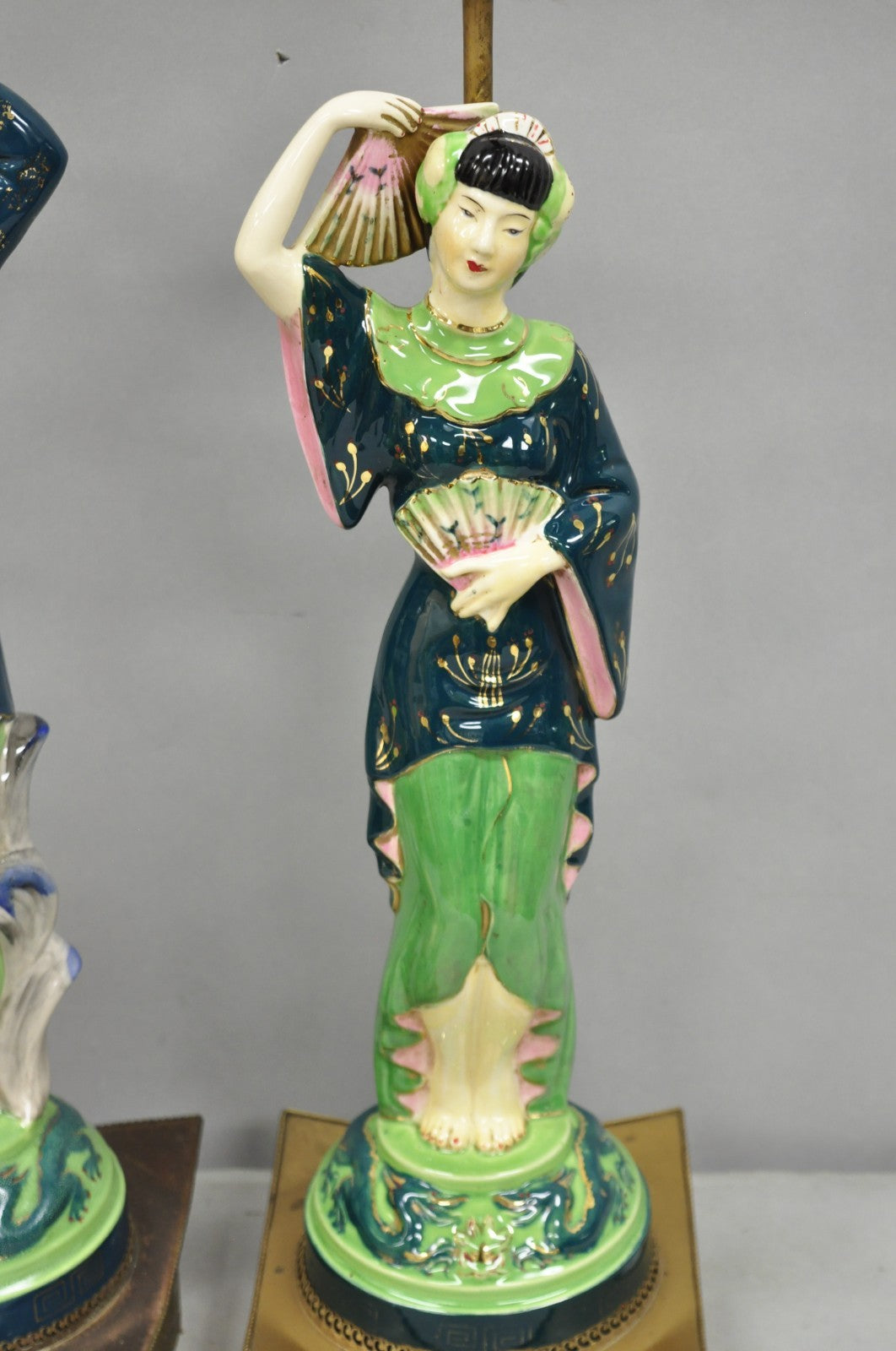 Vintage Art Deco Japanese Figural Green Porcelain Man & Women Table Lamps - Pair