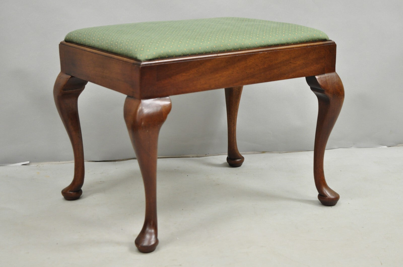 Vintage Queen Anne Style Mahogany Wood Green Upholstered Footstool Ottoman