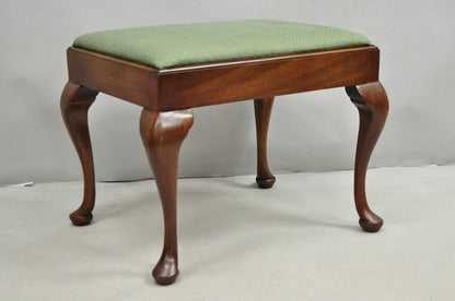Vintage Queen Anne Style Mahogany Wood Green Upholstered Footstool Ottoman