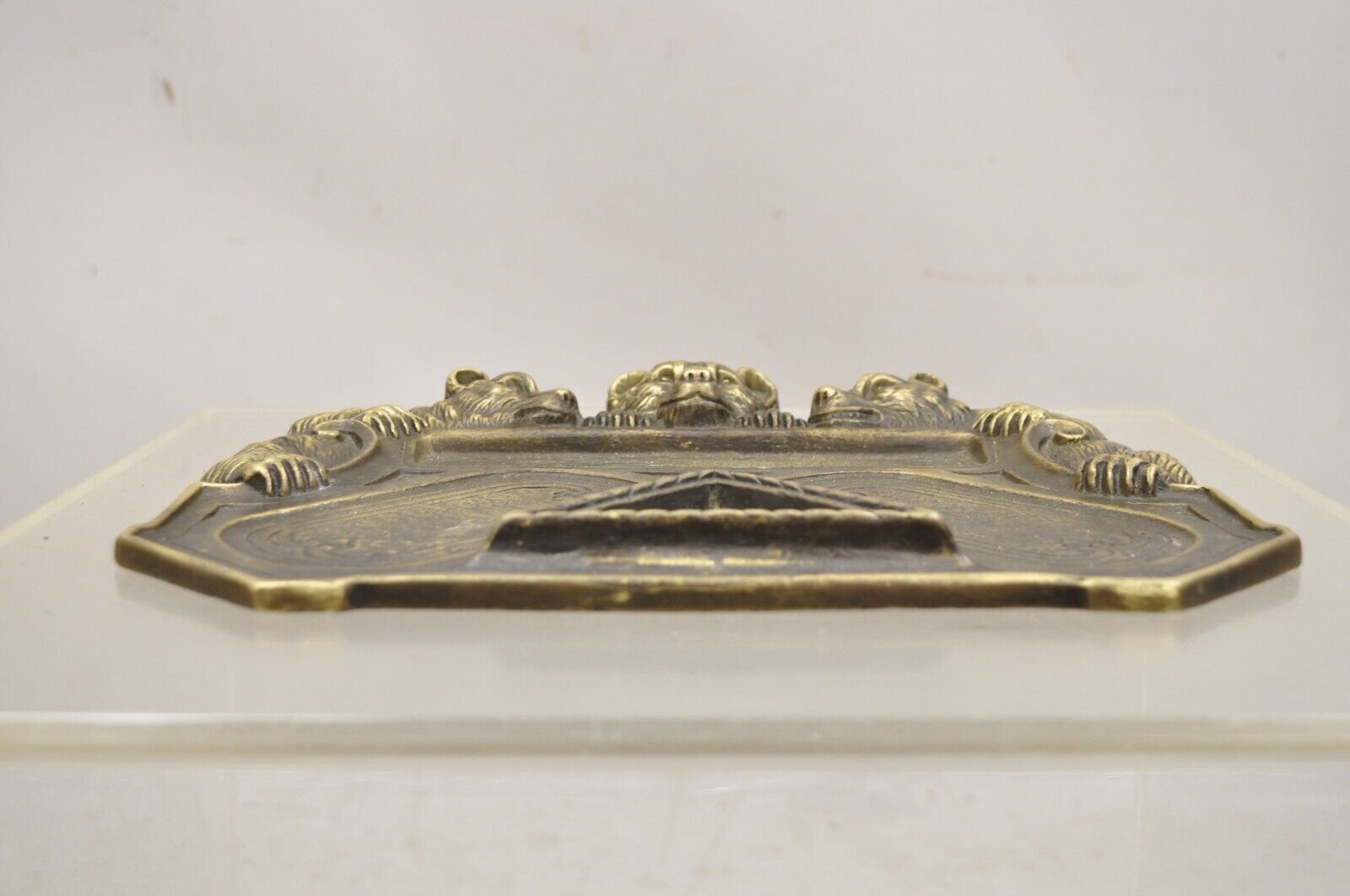 Antique Brass Bronze Black Forest Figural 3 Bears Desk Pen Tray Trinket Holder