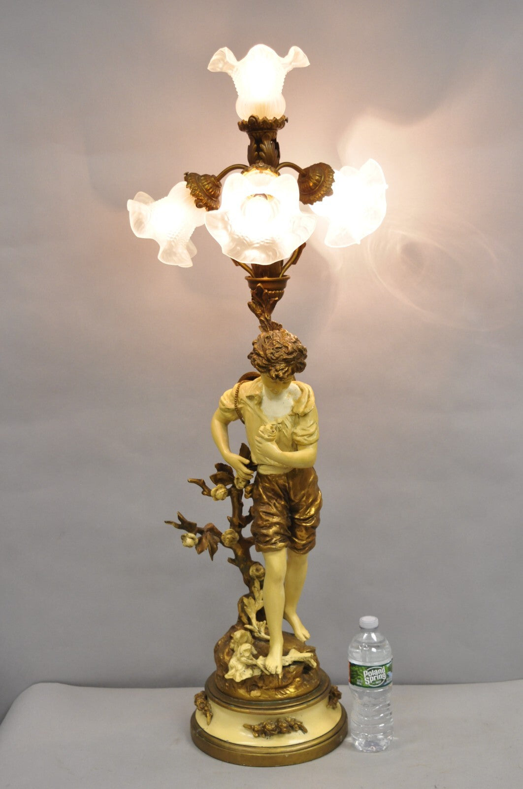 Vintage French L&F Moreau Figural Gold Painted Metal Boy Torchiere Table Lamp