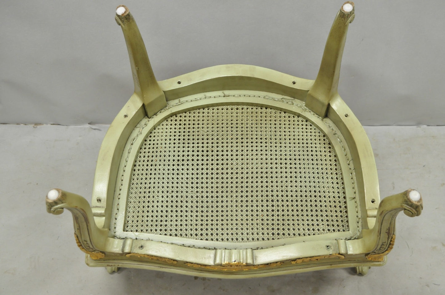 Vintage French Louis XV Style Green Painted Gold Gilt Cane Bergere Arm Chair