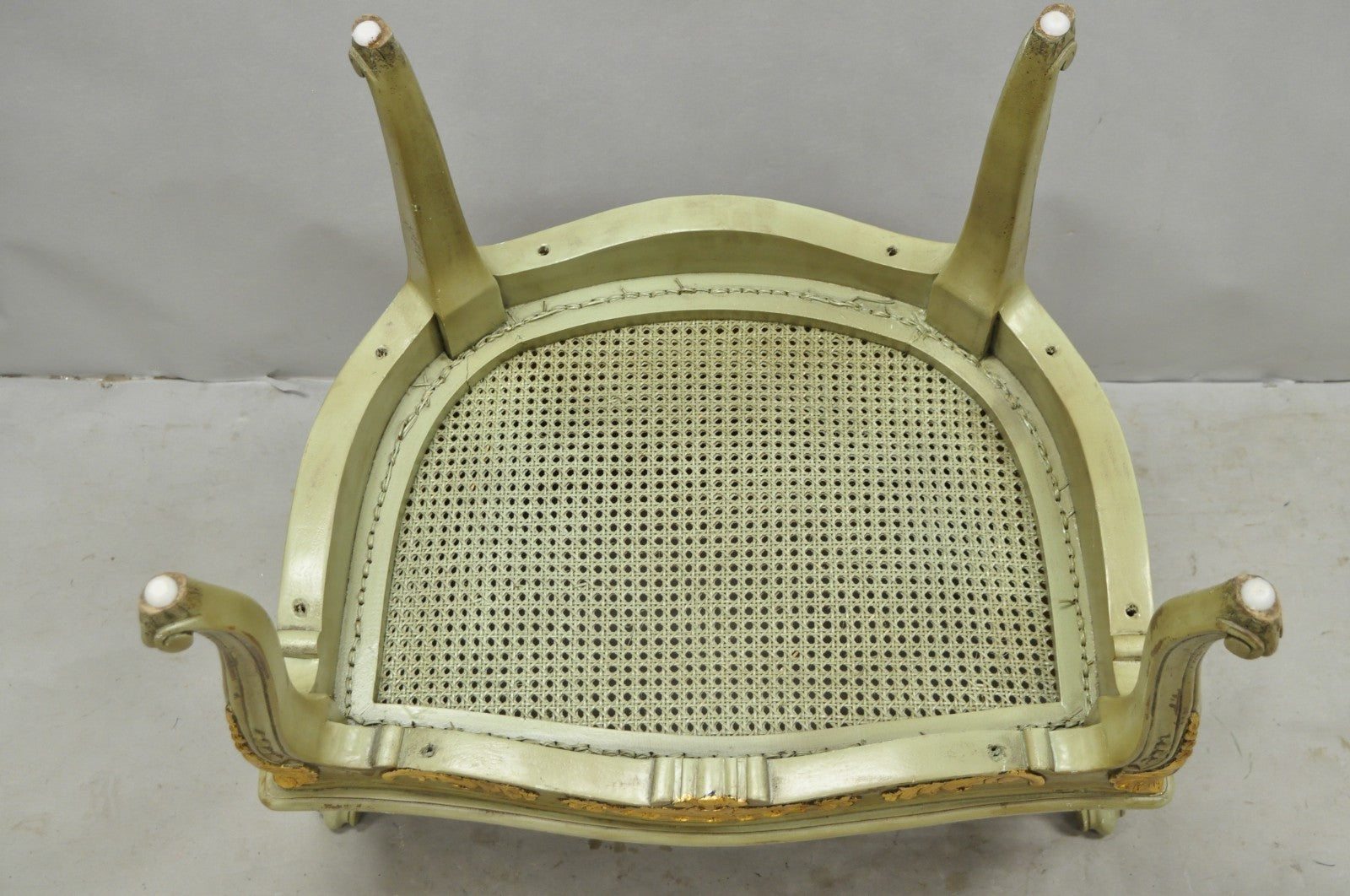 Vintage French Louis XV Style Green Painted Gold Gilt Cane Bergere Arm Chair