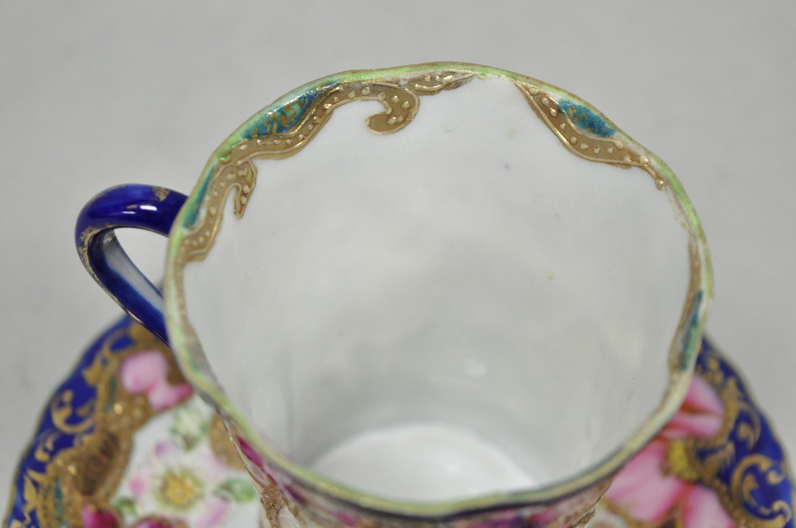 Antique Victorian Teacup & Saucer Cobalt Blue & Roses w/ Draped Gold Trim