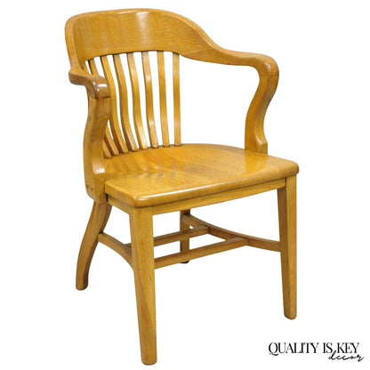 Traditional Antique Solid Golden Oak Wood Office Library Bankers Arm Chair