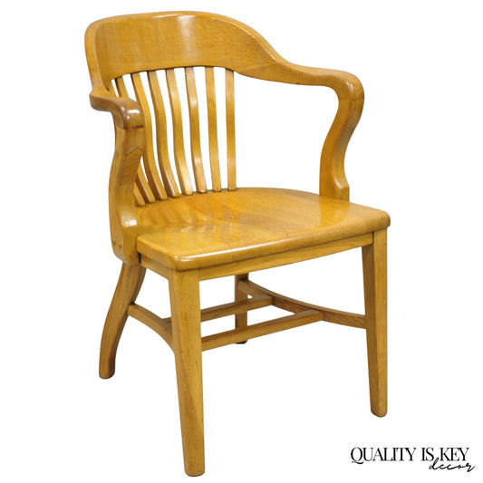 Traditional Antique Solid Golden Oak Wood Office Library Bankers Arm Chair