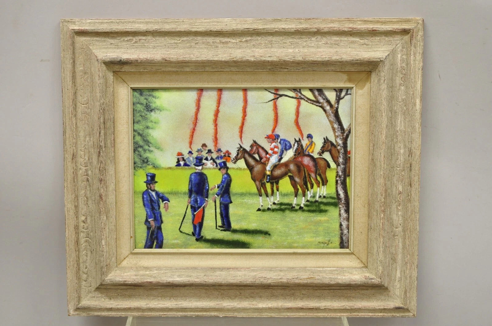 Dom Dominic Mingolla Enamel on Copper Framed Painting Horse Jockey Race Derby
