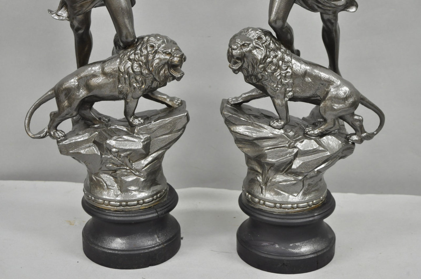 Antique French Renaissance "Le Force & Le Pouvoir" Spelter Metal Sculpture Pair